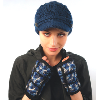 A woman wearing a versatile Equestrian Hat and durable blue knitted gloves.