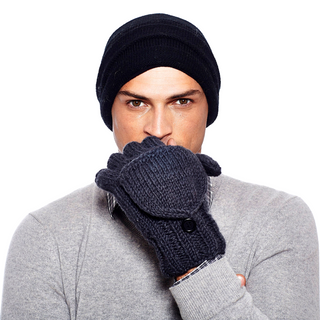 A man wearing Fingerless Gloves with Button Flap and Fleece Lining and a beanie, showcasing our product description.