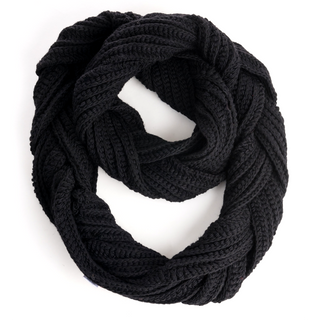 A black Braided Infinity Scarf arranged in a circular shape on a white background, handmade in Nepal.