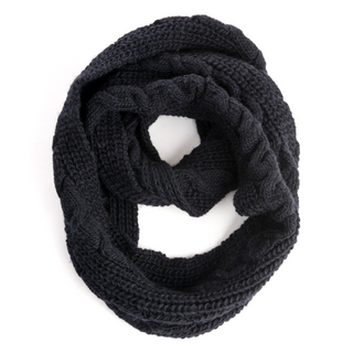 A black Trinitas Infinity Scarf arranged in a loop on a white background.