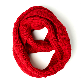 A red Trinitas Infinity Scarf arranged in a loop on a white background.
