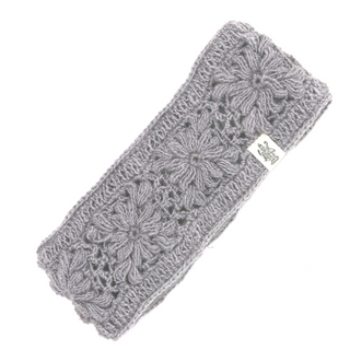 A handmade wool, grey crocheted Flower Crochet Headband- LUREX.