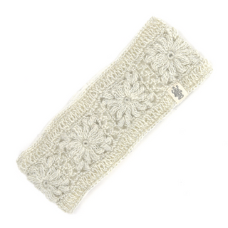 A white wool Flower Crochet Headband- LUREX with a handmade flower pattern.
