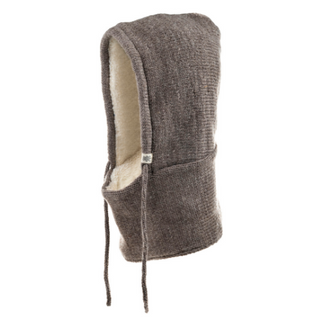 A grey Cozy Cove Hood with a fur lining, perfect as a winter accessory.