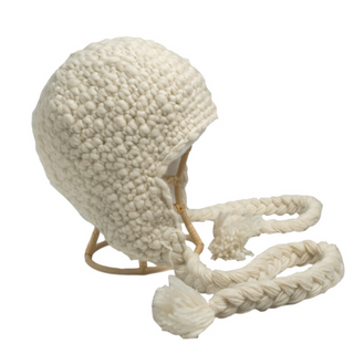 Knitted beige Chunky Knit Long Tassel Earflap helmet-style hat with braided ties on a white background.
