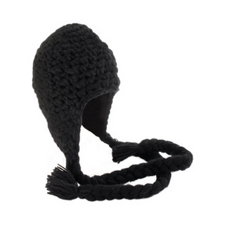 Black Chunky Knit Long Tassel Earflap hat with braided tassels on a white background.
