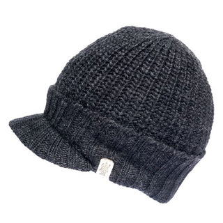 A black Fillmore Cap Visor knitted beanie hat with a small visor and a ribbed texture, featuring a label on the side.