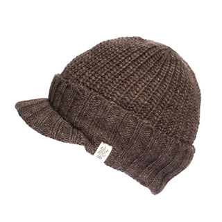 A brown Fillmore Cap Visor knitted cap with a visor on a white background.