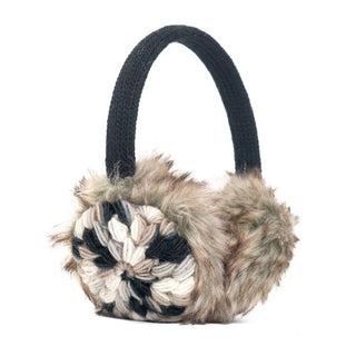 A pair of Kaleidoscope Earmuffs with fur on them and adjustable straps.