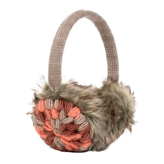 A pair of Kaleidoscope Earmuffs with fur and pom poms.