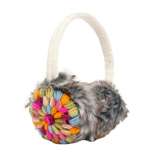 A pair of Kaleidoscope Earmuffs with pom poms and adjustable straps.