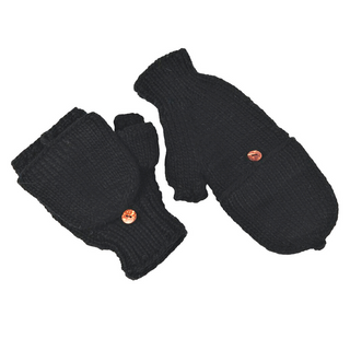 A pair of black wool Double Button Flap Hand Warmers that are convertible mittens with exposed fingertips and copper-toned buttons against a white background, handmade in Nepal.