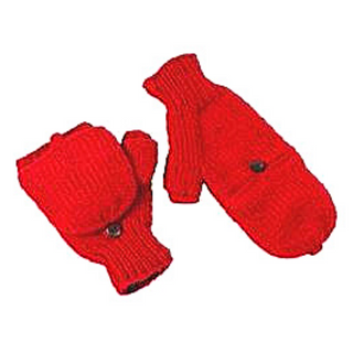 A pair of red wool Double Button Flap Hand Warmers knitted with black buttons on a white background.