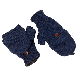 A pair of blue knitted wool Double Button Flap Hand Warmers, handmade in Nepal.