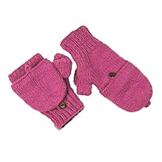 A pair of pink wool Double Button Flap Hand Warmers with the mitten flap unbuttoned to expose fingerless gloves underneath, handmade in Nepal.