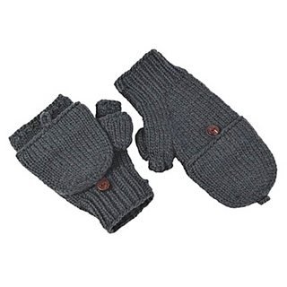 A pair of gray knitted wool Double Button Flap Hand Warmers, handmade in Nepal.