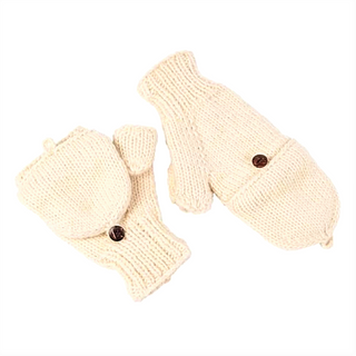A pair of Double Button Flap Hand Warmers in beige wool with mitten attachments on a white background, handmade in Nepal.