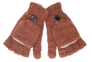 A pair of Fingerless Gloves with Button Flap and Fleece Lining in brown on a white background.