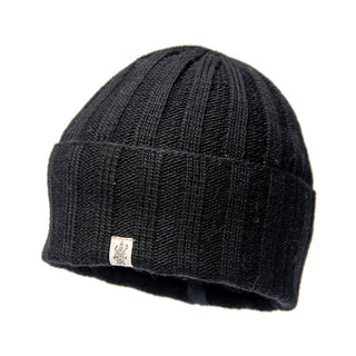 A black Ribbed Beanie on a white background.