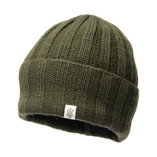 A Ribbed Beanie in Olive Green.