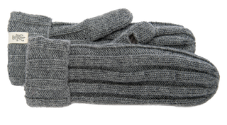 A pair of gray, Ribbed Mittens made from 100% wool, against a white background.