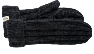 A pair of dark, Ribbed Mittens knitted from 100% wool on a white background.