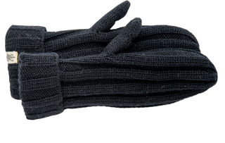 A pair of dark, handmade in Nepal, Ribbed Mittens on a white background.