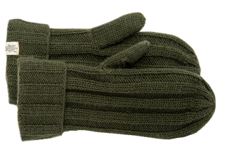 A pair of dark green, Ribbed Mittens lying flat on a white surface.