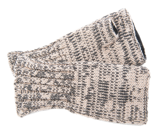 A pair of Gotham Handwarmers, featuring a black and white houndstooth pattern, handmade in Nepal with merino wool fabric and a frayed edge on a white background.