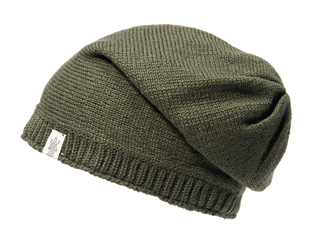 A green Dekalb Slouch knit hat with a white logo.