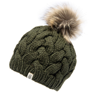 A green Boheme Cable Beanie with Faux Fur Pom.