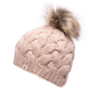 A pink wool Boheme Cable Beanie with Faux Fur Pom.