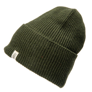 The Troubadour Rib Fold Beanie in olive green, crafted from Merino wool.