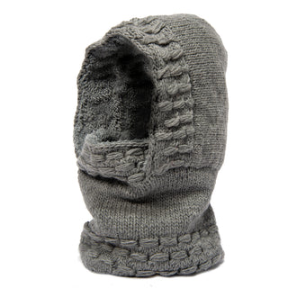 A Legends Hood in grey knit on a white background is an important product description.