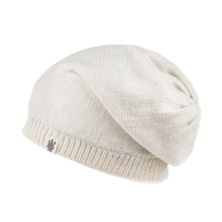 A white Dekalb Slouch beanie with a logo on it.