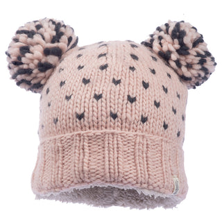 A handmade Double pom Kira hat with pom poms and hearts on it.