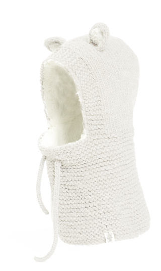 A white handmade merino wool hat with ears on it, known as the Teddy Hood.