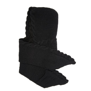 A black knitted 2 pocket scarf hood made of merino wool.