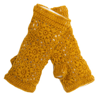 A pair of Flower Crochet Handwarmers, perfect for keeping your hands warm with style.