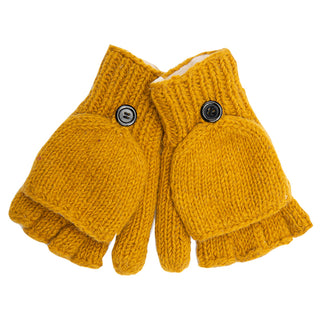 A pair of important, yellow Fingerless Gloves with Button Flap and Fleece Lining on a white background.