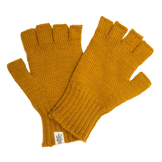 A pair of striped and solid fingerless gloves on a white background.