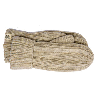 A single beige-colored Ribbed Mitten, handmade in Nepal, placed against a white background.