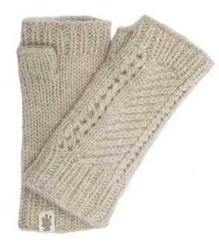 A pair of beige, Diagonal knit handwarmers displayed on a white background.