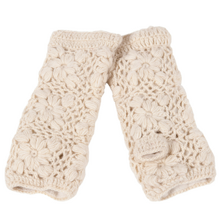 A pair of Flower Crochet Handwarmers, perfect for keeping your hands warm and cozy. Ideal for those searching for stylish winter accessories.