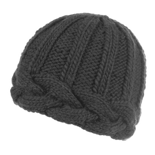 A knitted black Braided Edge Hat, isolated on a white background.