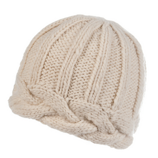This is an image of a cream-colored knitted Braided Edge Hat, isolated on a white background.