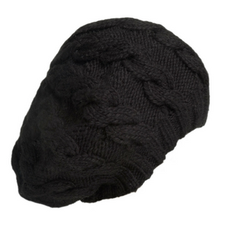 A black Cable Beret handmade in Nepal with a braid knit design on a white background.