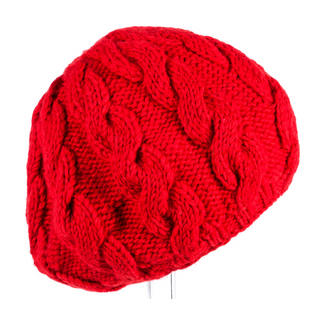 Red Cable Beret with a braid knit design, isolated on a white background.