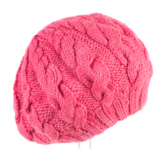 A pink Cable Beret with braid knit designs isolated on a white background.