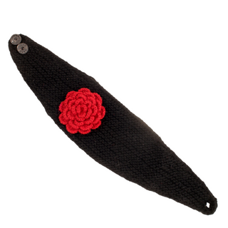 Handmade in Nepal, Detachable Flower Headband w/ Button hair clip with a red flower and two buttons, isolated on a white background.